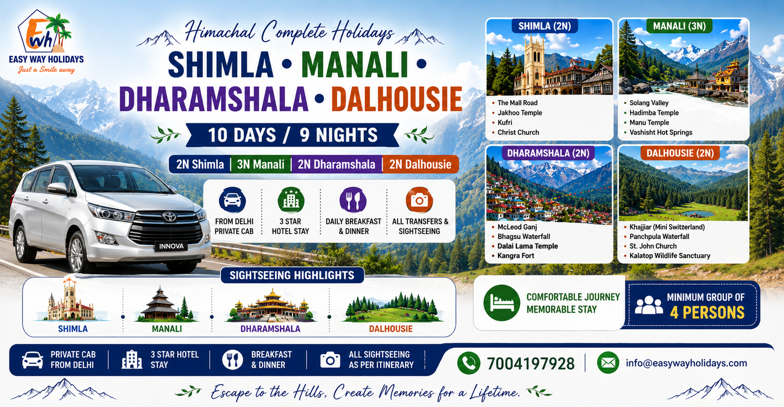 9 Nights 10 Days Himachal Tour Package from Delhi by Private Cab