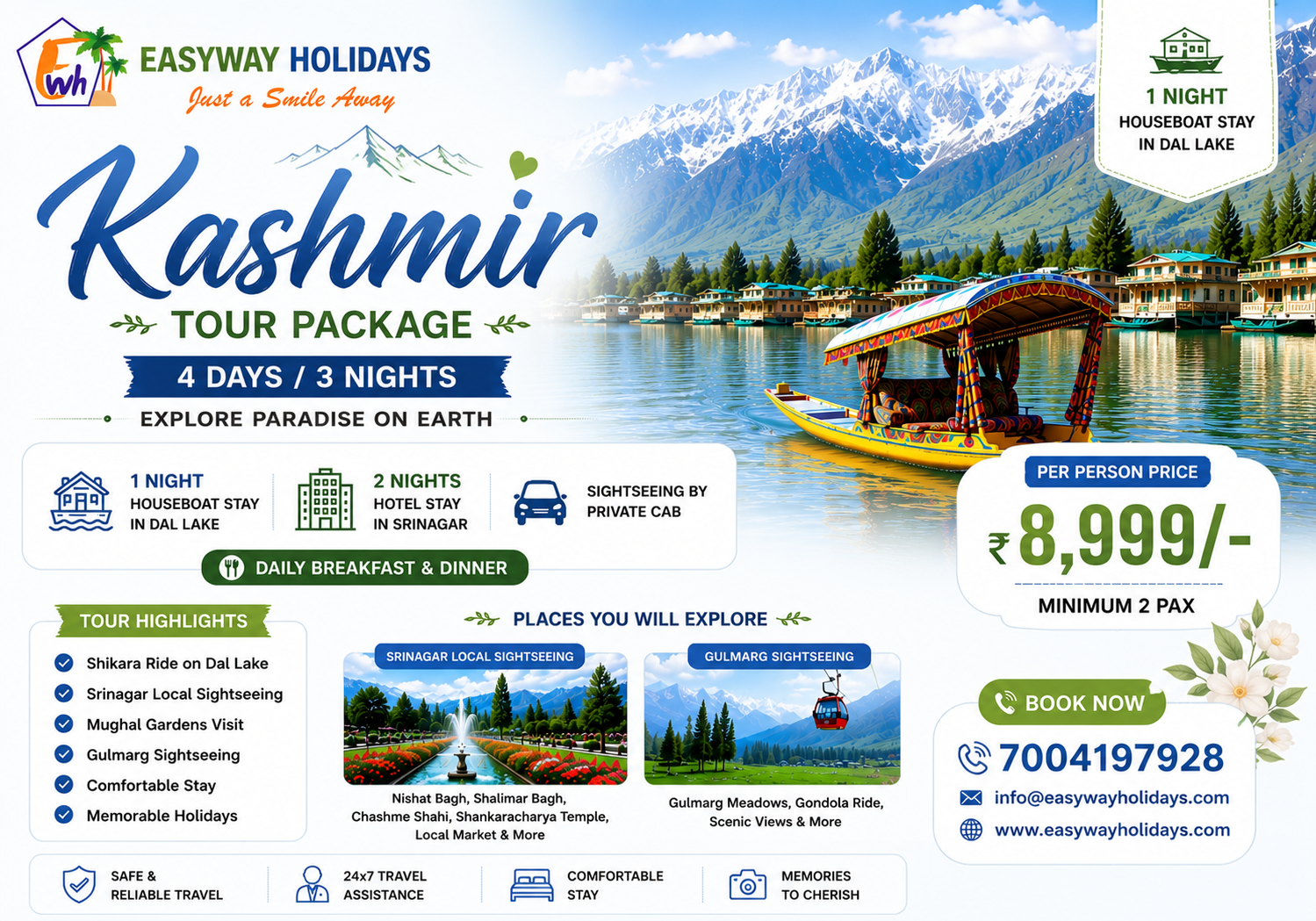 Kashmir 3 Nights 4 Days Tour Package with Dal Lake houseboat stay, Shikara ride, Srinagar sightseeing and Gulmarg excursion