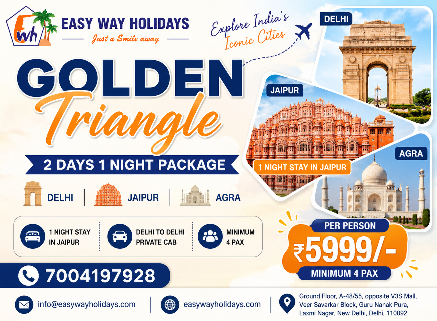 2 Days 1 Night Golden Triangle Tour Package with Delhi Jaipur Agra Sightseeing by Easy Way Holidays