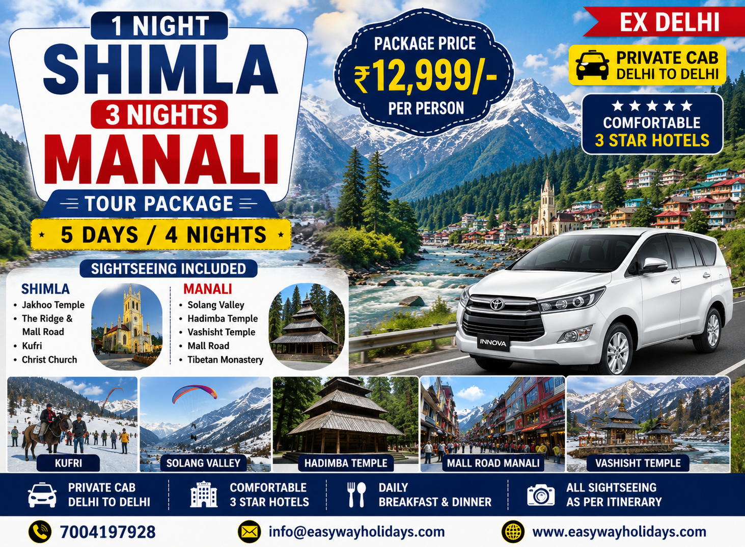 1 Night Shimla 3 Nights Manali Tour Package from Delhi by Private Cab