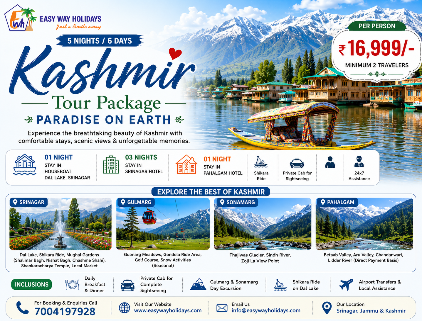 Kashmir tour package with Dal Lake houseboat, shikara ride, snow-capped mountains, Gulmarg, Sonamarg and Pahalgam sightseeing