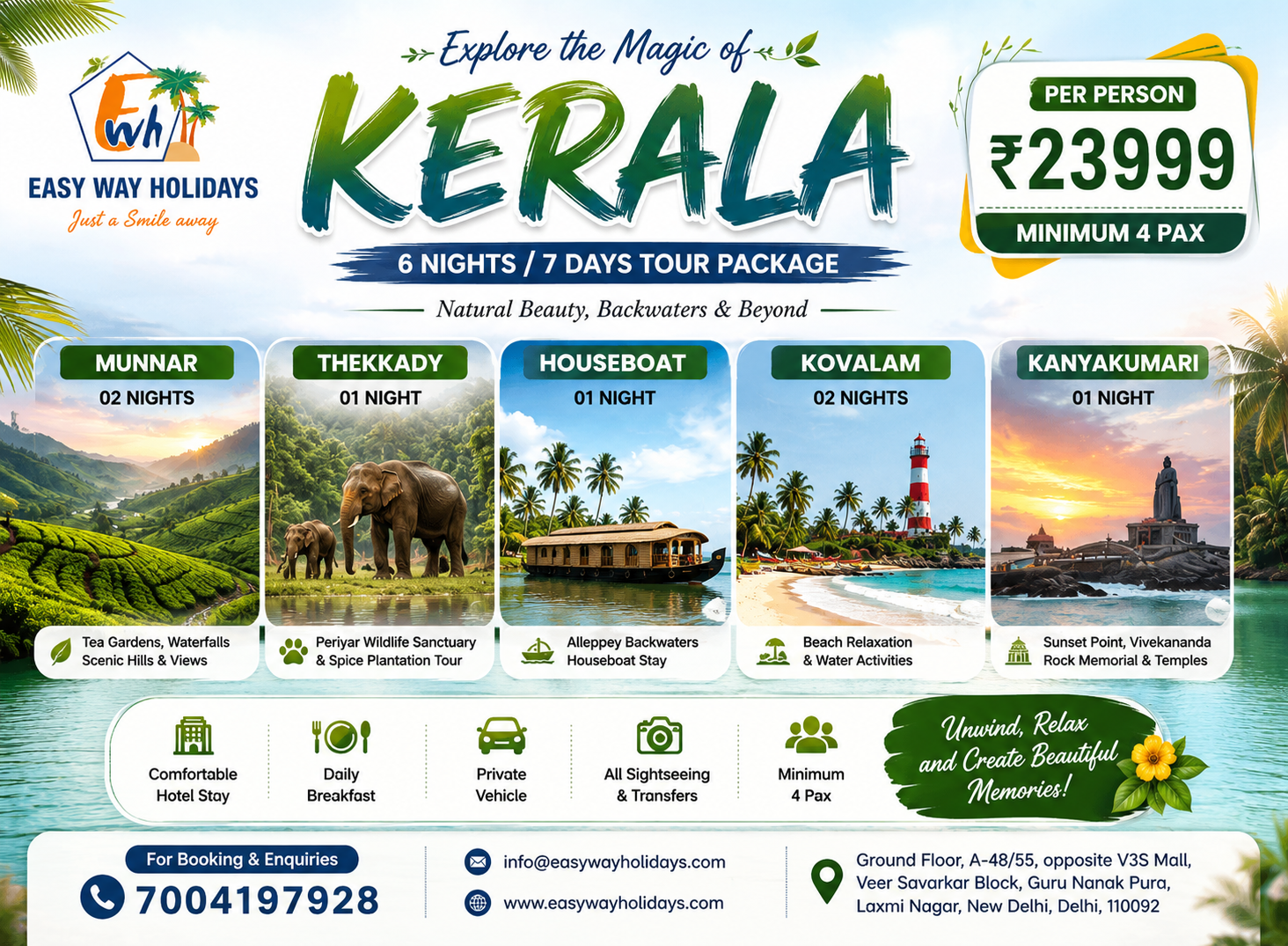 Kerala 7 Nights 8 Days Tour Package with Munnar, Thekkady, Alleppey Houseboat, Kovalam and Kanyakumari by Easy Way Holidays